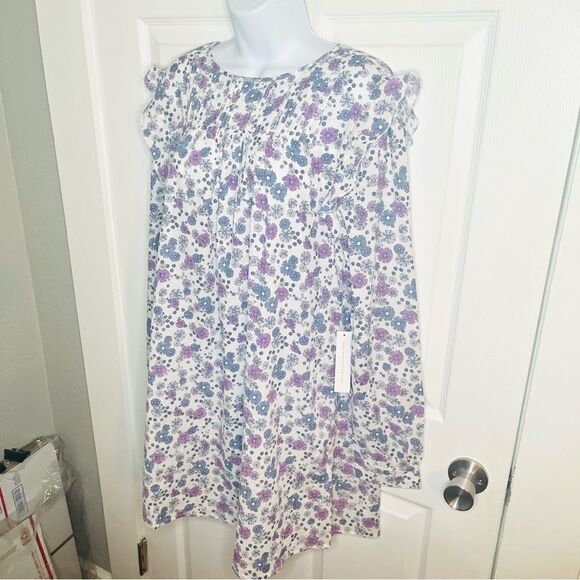 Modcloth Floral Prairie Doll Mini Dress Ruffle Shoulder Purple Blue L NWT - Picture 7 of 12